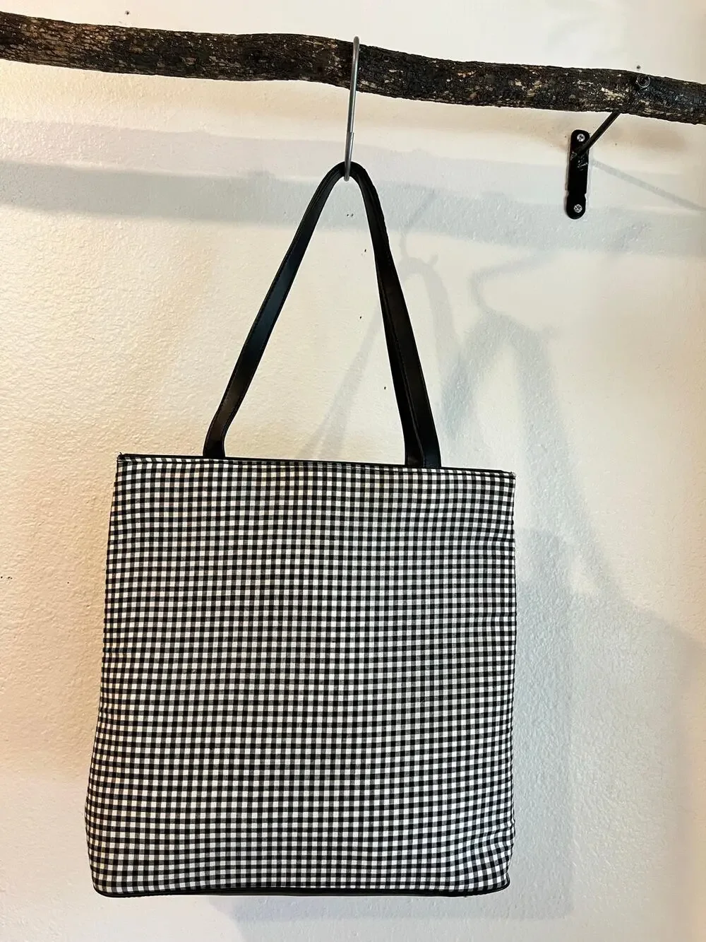 Black & White 100% Cotton Double Strap Gingham Checkered Medium Tote Bag